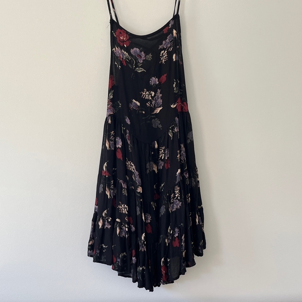 Free People Black Floral Mini Dress with Red & Purple Accents